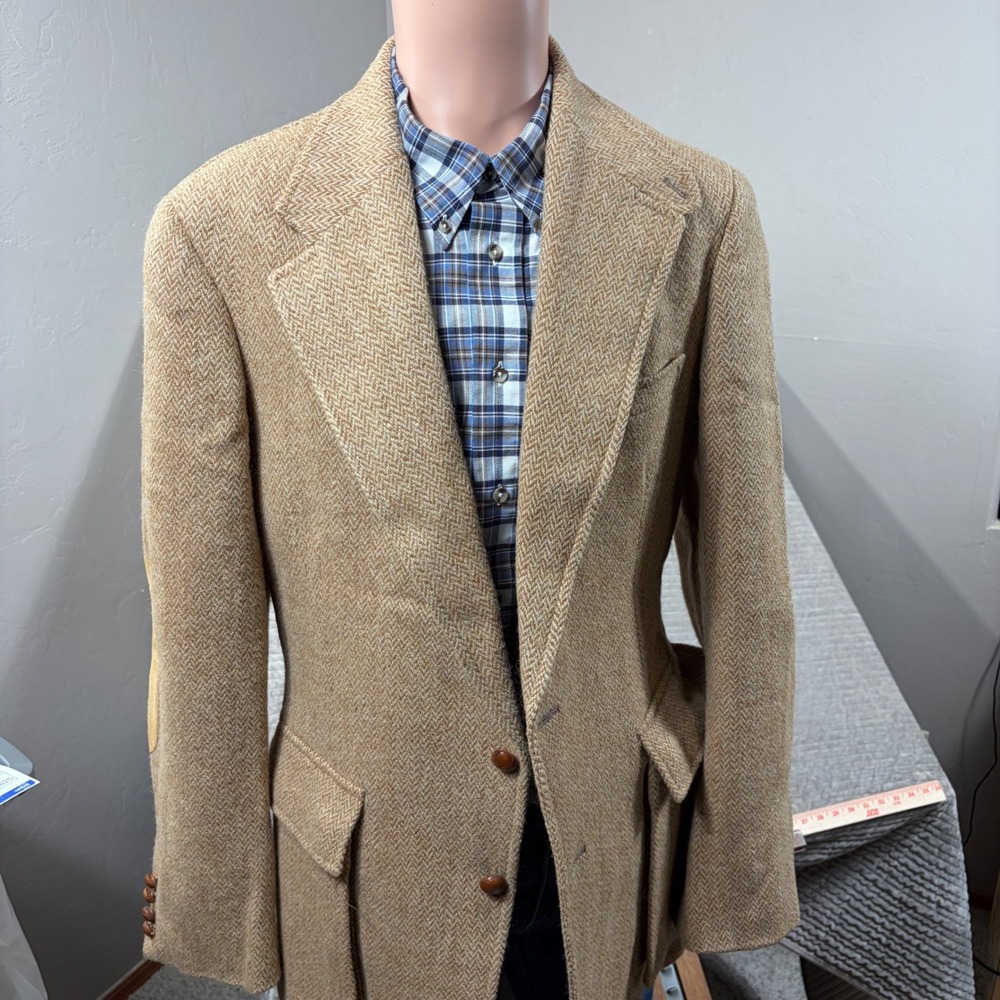 Polo Ralph Lauren Vintage Herringbone Wool Blazer Tan Suede Elbow Patches